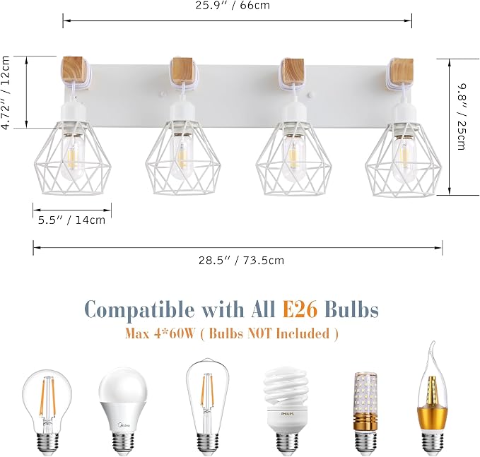 VbiTmn Bathroom Light Fixtures, 4 Light White Farmhouse Wood Vanity Lights | Rustic Design, Diamond Metal Shades, Easy to Install, Wall Sconces for Bathroom, Bedroom, Makeup Area, Over Vanity Mirror "