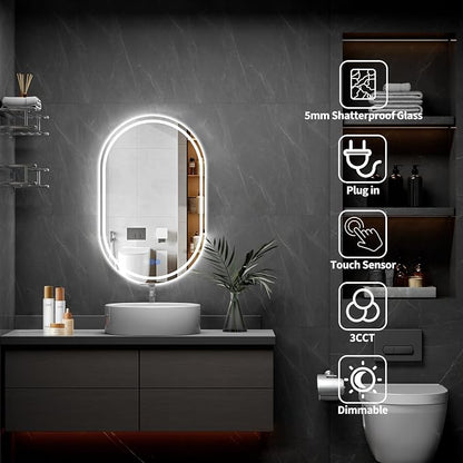 Oval LED Bathroom Mirror, 20"x 28" Frameless Lighted Mirror | LED Mirror with Front Light & Backlit, Anti-Fog, Dimmable Wall Mounted Lighted Mirror, Pill-Shaped Smart Bathroom Mirror