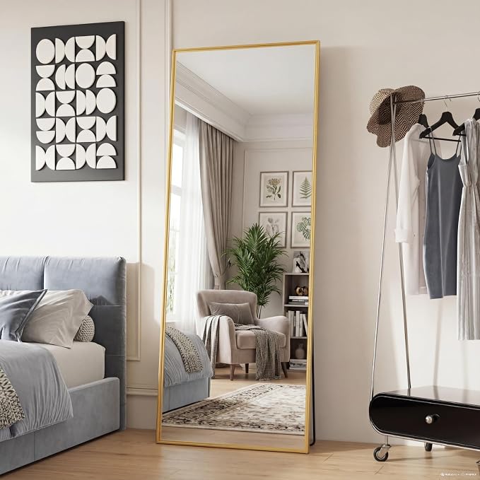 DUMOS Full Length Mirror 24"x 65" for Bedroom, Full Body Mirror with Stand, Hanging or Leaning for Wall, Aluminum Alloy Thin Frame Floor Standing for Living Room, Long, Gold