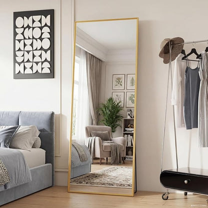 DUMOS Full Length Mirror 24"x 65" for Bedroom, Full Body Mirror with Stand, Hanging or Leaning for Wall, Aluminum Alloy Thin Frame Floor Standing for Living Room, Long, Gold