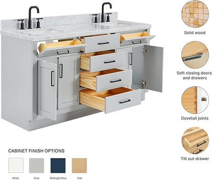 ARIEL Hepburn 66-inch Bathroom Vanity with Sink,Solid Wood, 1.5-inch Italian Carrara Marble Countertop, Double Rectangular Porcelain Sink, 4 Soft Closing Doors, 6 Dovetail Drawers, Grey