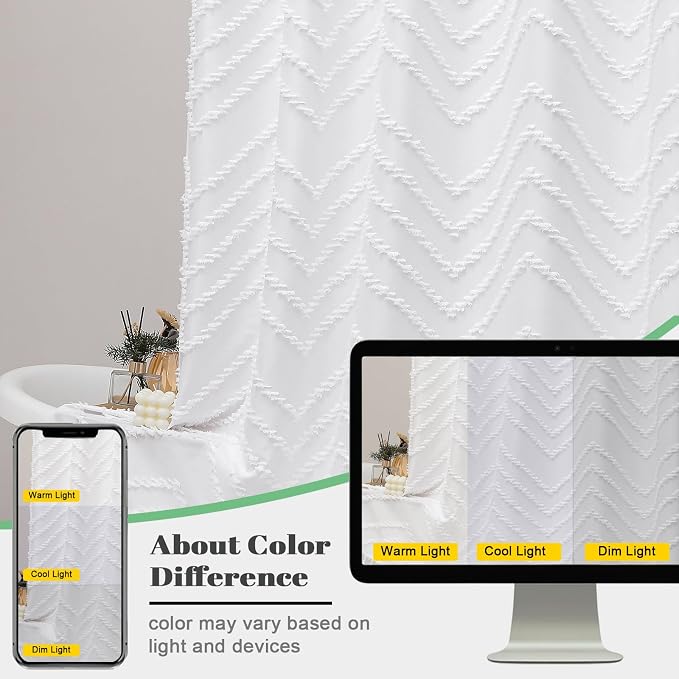 Extra Long White Boho Shower Curtain, Chic Tufted Chevron Striped Textured Fabric Cloth Shower Curtains with Tassel for Bathroom, Soft Hotel Style Farmhouse, Machine Washable, 72x84
