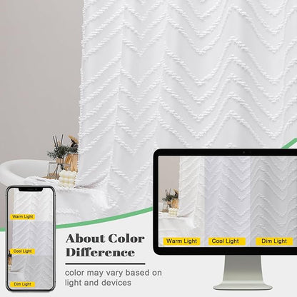 Extra Long White Boho Shower Curtain, Chic Tufted Chevron Striped Textured Fabric Cloth Shower Curtains with Tassel for Bathroom, Soft Hotel Style Farmhouse, Machine Washable, 72x84