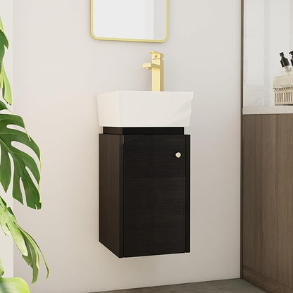 SSLine Modern 12" Floating Bathroom Vanity with Sink Wall Mounted Small Bathroom Vanity Cabinet with Top Basin Square Wood Bath Vanities w/Ceramic Sink for Small Space(Black Chestnut&Gold)