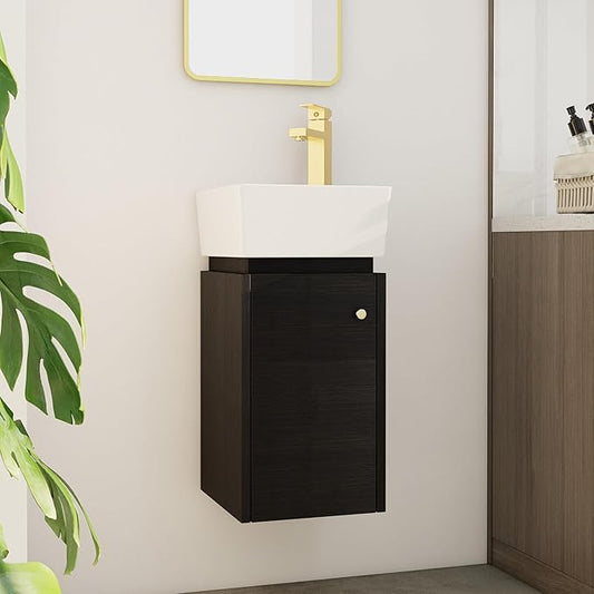 SSLine Modern 12" Floating Bathroom Vanity with Sink Wall Mounted Small Bathroom Vanity Cabinet with Top Basin Square Wood Bath Vanities w/Ceramic Sink for Small Space(Black Chestnut&Gold)