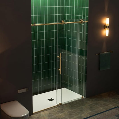 Woodbridge 57.5-60" W x 80" H Frameless Single Sliding Soft-Close Shower Door with Tempered Glass & Explosion Proof Film in Brushed Gold Finish