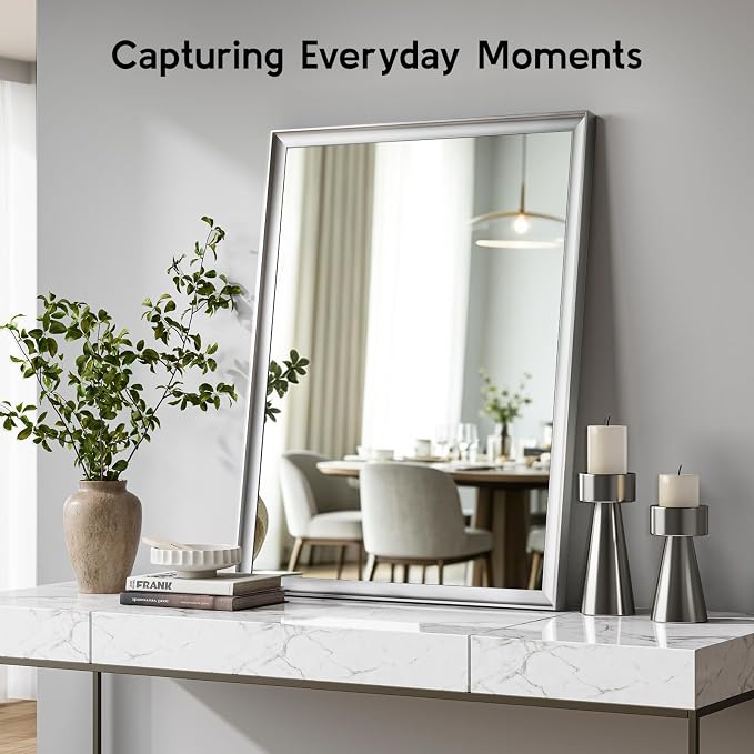 Brushed Nickel Bathroom Mirrors for Over Sink 30x40 Inch | Silver Rectangle Vanity Mirror, Wall Decor for Bedroom, Entryway, Living Room, Aluminum Framed, Curved Wide Edge, Anti-Rust