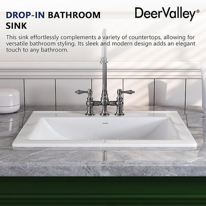 DeerValley 21x18 Inch Rectangular Ceramic Drop-in Bathroom Sink, Under Counter Vessel Sink with Overflow, White Vanity Basin, DV-1DS0122