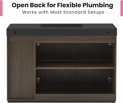 48" Bathroom Vanity with Sink Combo, Mid Century Modern Bathroom Cabinet with Doors & Open Shelf, Matte Black Integrated Sink with Overflow, Dark Grey Oak