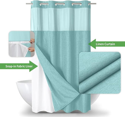 eachope No Hook Linen Texture Shower Curtain with Snap-in Liner,54x80 Teal | 230GSM Thick Fabric,Hotel Luxury Decor,Mesh Top Window,Waterproof & Machine Washable,for Shower Stall or Bathroom