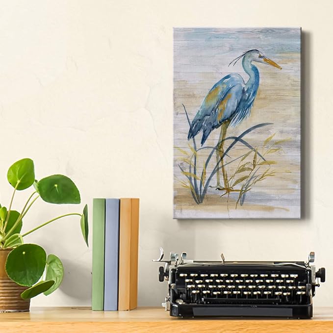 Renditions Gallery Canvas Animal Wall Art Modern Paintings & Prints Decorations Blue Resting Heron Abstract Nature Wall Hanging Artwork for Bedroom Living Room Office Kitchen - 24"x36" LT02