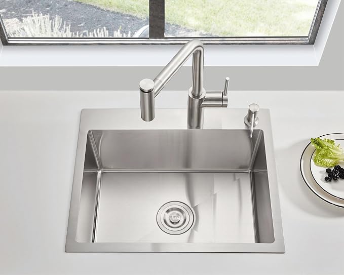 24"x18" Drop-In Kitchen Sink 304 Stainless Steel Brushed | 24 inch Sink Drop in | 304 SS | Topmount | Single Bowl | 9" Deep | Drain Kit Included | Moden Kitchen/Prep