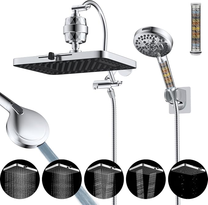 Hibbent 13'' Filtered Shower Head with 10-Spray Handheld, Chrome | 5 Modes Rainfall Shower Head, High Pressure Showerhead Combo, 20 Stage Shower Filter, 12'' Extension Arm, 71'' Hose & Holder