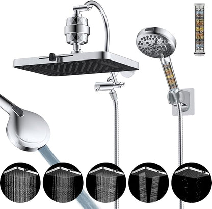 Hibbent 13'' Filtered Shower Head with 10-Spray Handheld, Chrome | 5 Modes Rainfall Shower Head, High Pressure Showerhead Combo, 20 Stage Shower Filter, 12'' Extension Arm, 71'' Hose & Holder