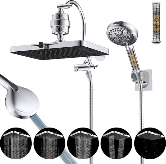 Hibbent 13'' Filtered Shower Head with 10-Spray Handheld, Chrome | 5 Modes Rainfall Shower Head, High Pressure Showerhead Combo, 20 Stage Shower Filter, 12'' Extension Arm, 71'' Hose & Holder