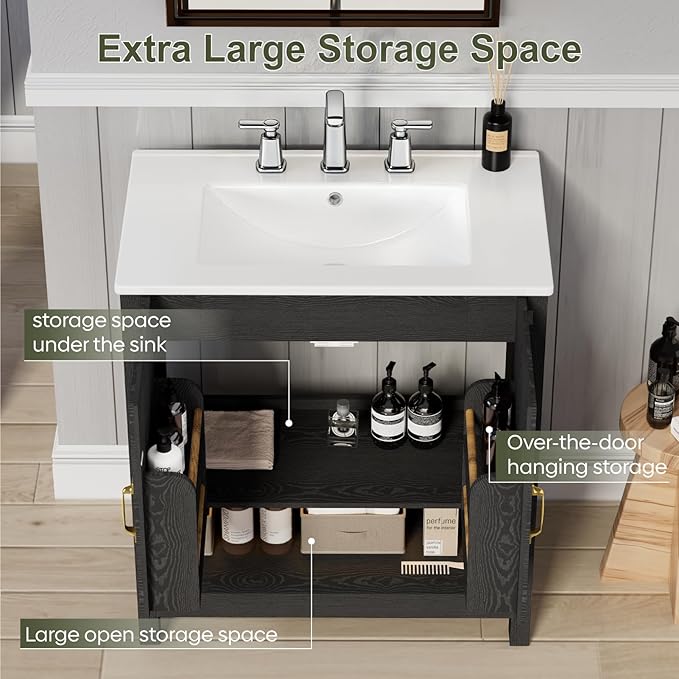 30" Bathroom Vanity with Sink, Modern Bathroom Cabinet with LED Light, Bathroom Vanity Set, Double Soft Closing Cabinet Door with Organizer, Black
