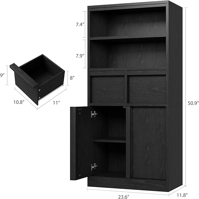 GAOMON 51" Tall Bathroom Storage Cabinet, Floor Cabinet with Doors & 2 Drawers, Organizer Cabinet Freestanding for Bathroom, Living Room, Kitchen & Pantry, Black