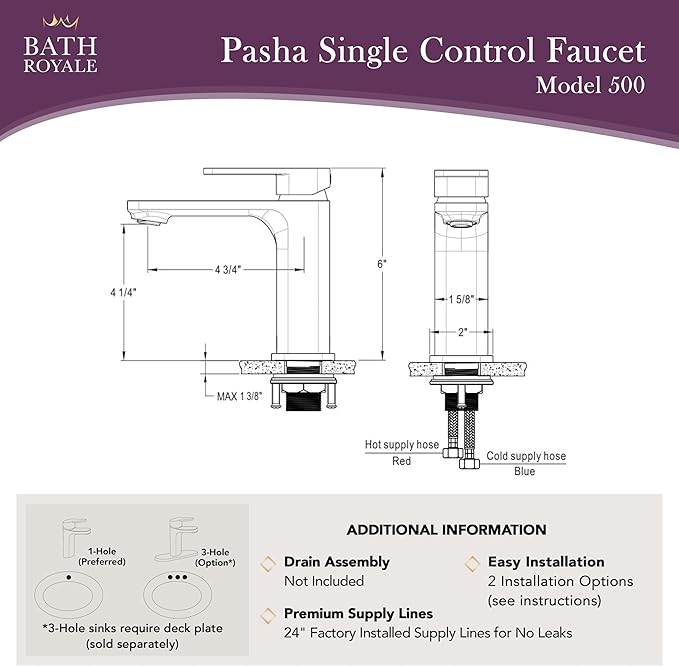 Bath Royale Pasha Luxury Bathroom Sink Faucet Single Control - All Metal, Easy Install, Brushed Nickel