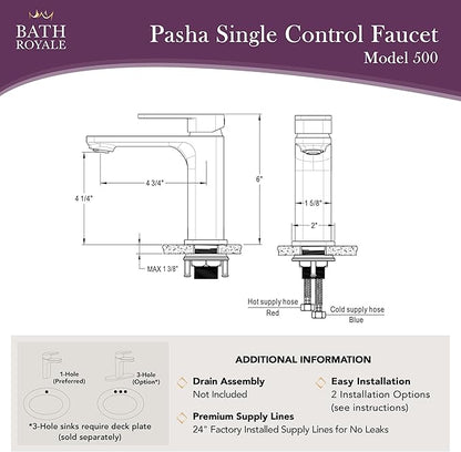 Bath Royale Pasha Luxury Bathroom Sink Faucet Single Control - All Metal, Easy Install, Brushed Nickel