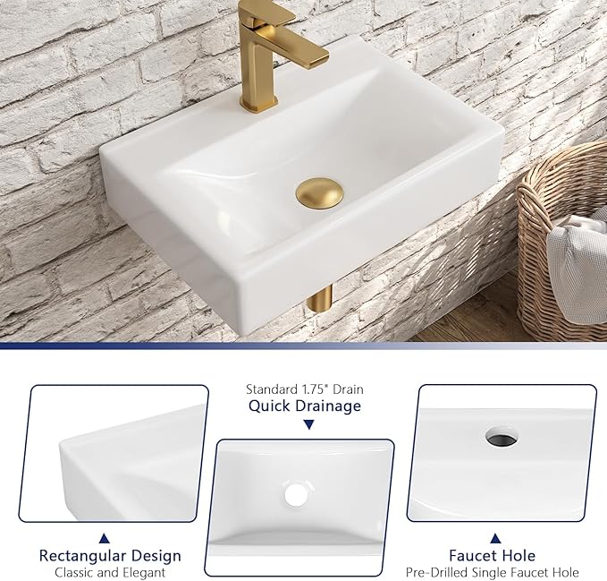 DeerValley 18x12 Inch Wall Mounted Bathroom Sink, White Ceramic Rectangular Vessel Sink with Faucet Hole, Art Sink, DV-1WS0128