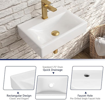 DeerValley 18x12 Inch Wall Mounted Bathroom Sink, White Ceramic Rectangular Vessel Sink with Faucet Hole, Art Sink, DV-1WS0128