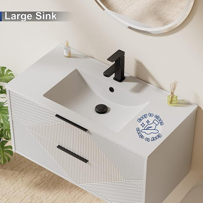 LUCKWIND 36" Floating Bathroom Vanity with Sink Combo, Wall Mounted Floating Cabinet with 2 Large Soft-Close Drawers & Water Saving Faucet, Geometric Textured Design in White