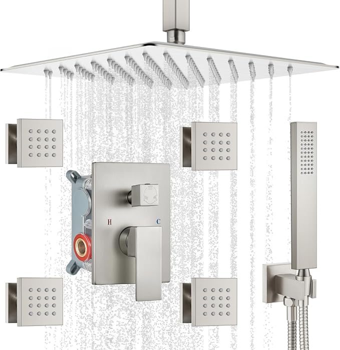 gotonovo Ceiling Shower System with 4pcs Full Body Jets,Brushed Nickel | SUS304 12’’ Rain Shower Head with Handheld Spray,Brass Body Message Jets,Ceiling Mount,Rough-in Valve and Trim Kit,All Metal