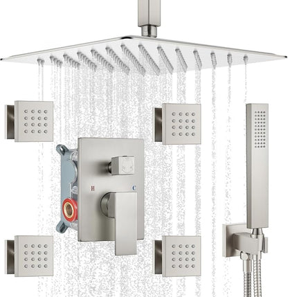 gotonovo Ceiling Shower System with 4pcs Full Body Jets,Brushed Nickel | SUS304 12’’ Rain Shower Head with Handheld Spray,Brass Body Message Jets,Ceiling Mount,Rough-in Valve and Trim Kit,All Metal