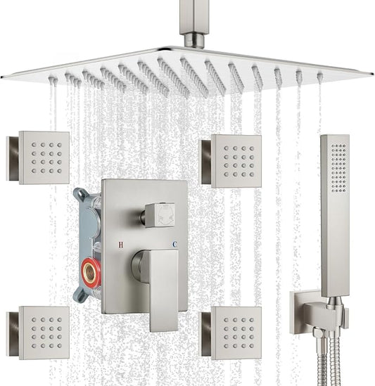 gotonovo Ceiling Shower System with 4pcs Full Body Jets,Brushed Nickel | SUS304 12’’ Rain Shower Head with Handheld Spray,Brass Body Message Jets,Ceiling Mount,Rough-in Valve and Trim Kit,All Metal