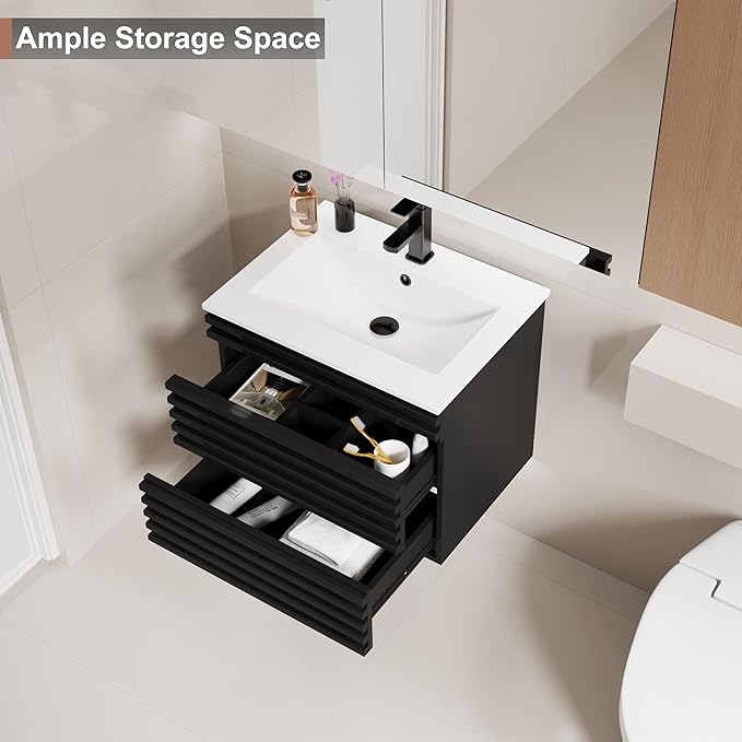 LUCKWIND 24" Floating Bathroom Vanity with Sink, Mid-Century Wall Mounted Big Drawer Cabinet with Ceramic Sink, Water Saving Faucet and Wood Stripes Style, Black
