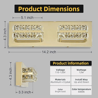 OKELI Crystal Vanity Lights LED Bathroom Vanity Light Fixture Over Mirror Modern Indoor Gold Lamp, 6000K Cold White Dimmable, 2-Lights, 18W, ETL Listed