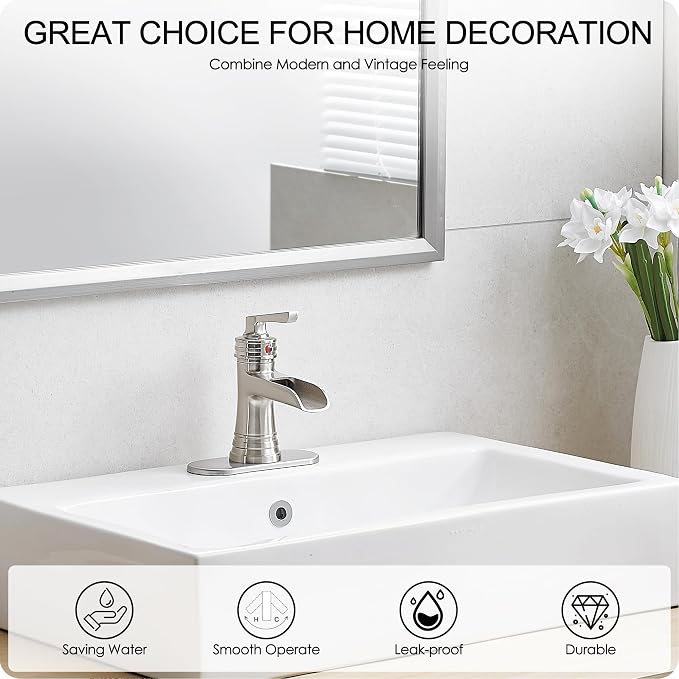 Brass Brushed Nickel Bathroom Faucet 3 Hole 4 Inch Waterfall Bathroom Faucet Single Hole, 1 Handle with Pop-up Drain, Deck Plate, cUPC Supply Pipes for Vanity, Restroom, 5 Mins Quick Install
