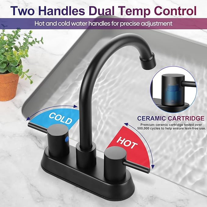 Matte Black Bathroom Faucet for 3 Hole, Herogo 4 Inch 2-Handle Bathroom Sink Faucet with Pop-Up Drain and Supply Hoses, 18/10 Stainless Steel Faucets for RV Vanity
