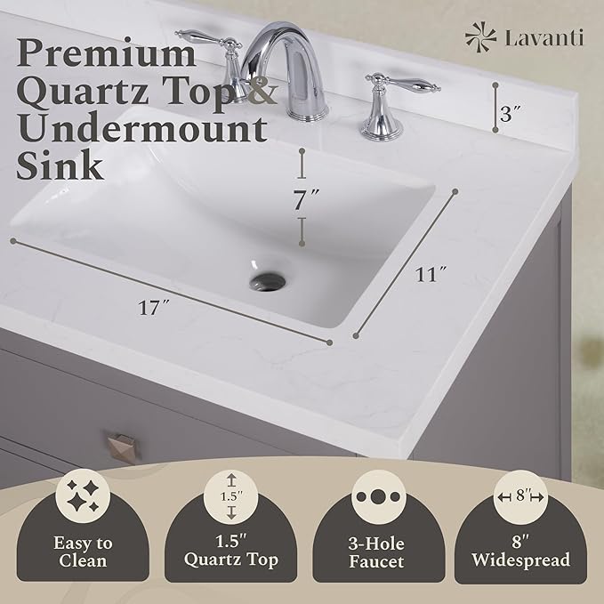 Lavanti Oakford 60 Inch Bathroom Vanity with Sink – Stylish Gray Vanity Bathroom with Storage Cabinet – Modern Bathroom Vanities with Double Vanity Sink & Quartz Countertop