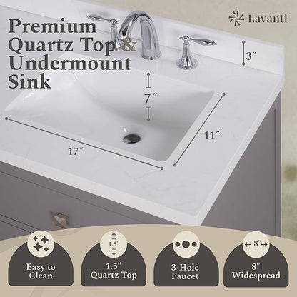 Lavanti Oakford 60 Inch Bathroom Vanity with Sink – Stylish Gray Vanity Bathroom with Storage Cabinet – Modern Bathroom Vanities with Double Vanity Sink & Quartz Countertop