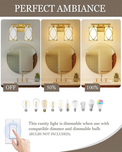 2-Light Brushed Gold Bathroom Light Fixtures with Milk Frosted Glass, 13.8" Modern Bathroom Vanity Lighting Fixtures Over Mirror with Metal Cage, Wall Sconce Lights for Bath, E26, CH9176BGW-2W