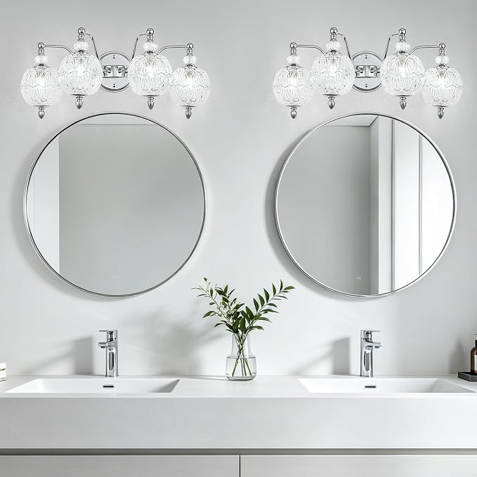 Brushed Chrome Bathroom Vanity Light, 4-Light Mid Century Modern Brushed Chrome Finish Wall Sconce with Globe Glass Shades, Retro Mirror Light for Bathroom, Powder Room