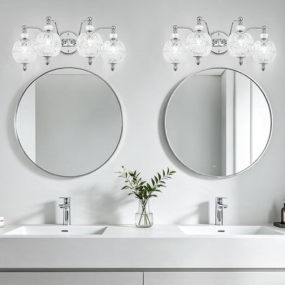 Brushed Chrome Bathroom Vanity Light, 4-Light Mid Century Modern Brushed Chrome Finish Wall Sconce with Globe Glass Shades, Retro Mirror Light for Bathroom, Powder Room