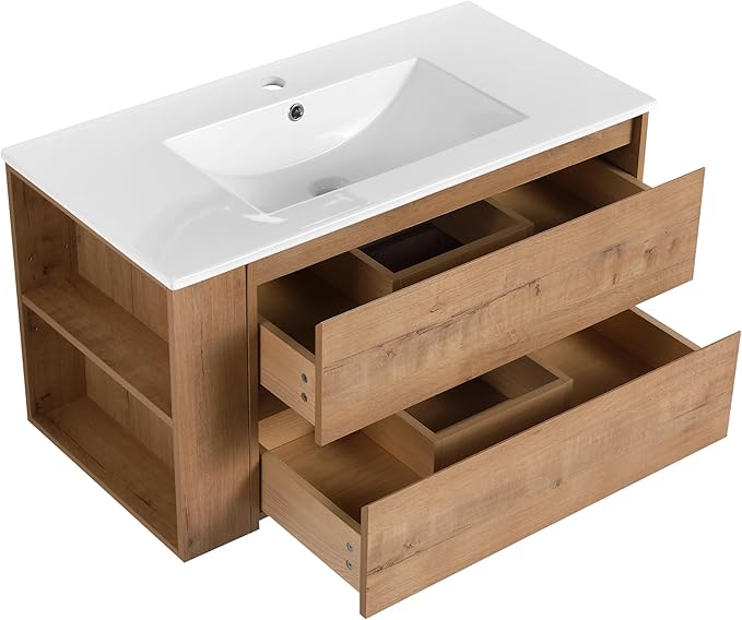 Henf 36 Inch Wall Mount Bathroom Vanity W/Sink Combo, Modern Design Vanity Cabinet with Ceramic Basin, Floating Mounting Bathroom Cabinet Set with 2 Drawer and Adjustable Storage Shelf, Oak