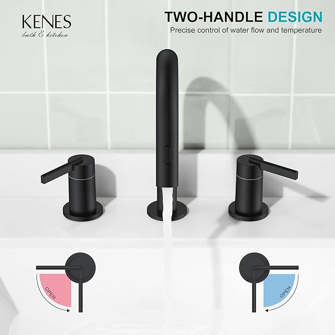 KENES Matte Black Pull Out Bathroom Faucet, 8 Inch 2 Handle Widespread Bathroom Faucet 3 Hole with Pull Down Sprayer, Bathroom Sink Faucet with Pop Up Drain & Supply Lines LJ-9068-2