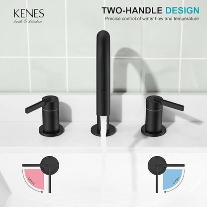 KENES Matte Black Pull Out Bathroom Faucet, 8 Inch 2 Handle Widespread Bathroom Faucet 3 Hole with Pull Down Sprayer, Bathroom Sink Faucet with Pop Up Drain & Supply Lines LJ-9068-2