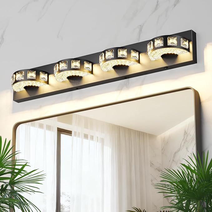 Modern Bathroom Vanity Lights 29.1 inch 32W 5 Color Temperature Black Vanity Light (4-Light,Dimmable) Crystal Bathroom Light Fixtures for Mirror, Living Room, Kitchen, Hallway, Cabinet