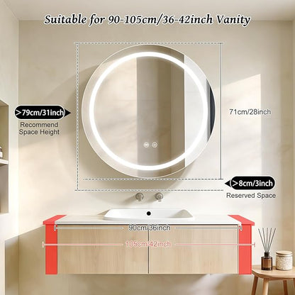 28inch Round Medicine Cabinet with Lights,Led Medicine Cabinet with Defogger,Illuminated Mirror Cabinet for Bathroom,Dimmable,Anti-Fog,3 Colors,Surface Mount only,Gold