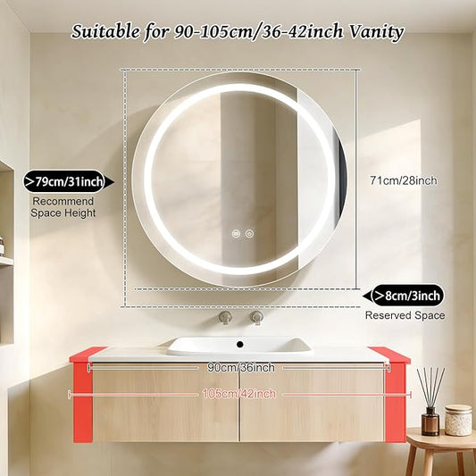 Led Round Medicine Cabinet,Bathroom Medicine Cabinet with Light,3 Color,Demister,Dimmable,Steel Constrution,White,Only for Surface Mount,28 inch