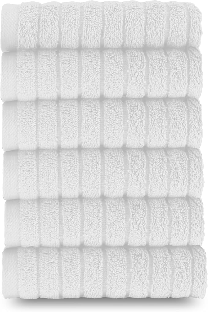 Elegant Comfort 100% Turkish Cotton Corduroy Ribbed Luxury Washcloths 6 Pack Soft 13 x 13 Inch - Higly Absorbent, Durable, Quick Dry, Spa Premium Hotel Quality for Bathroom or Travel, White