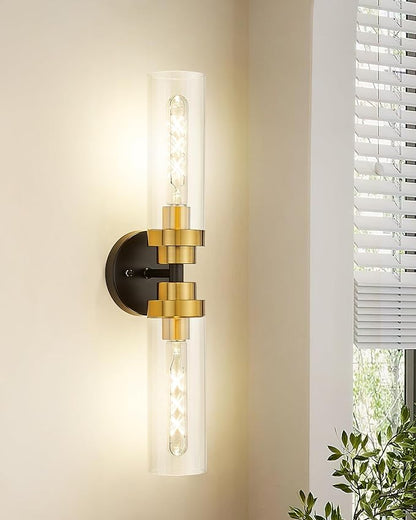 Emak Black and Gold Vanity Lights for Mirror, Modern 22 Inch Bathroom Light Fixtures with Clear Glass Shade, 2-Light Cylinder Wall Sconce for Bathroom, Bedroom, Hallway, VL085-BKBGD-2