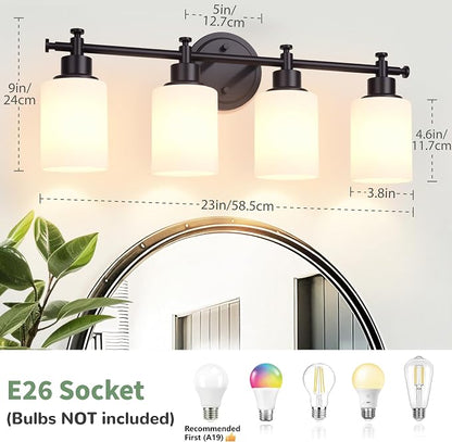 4 Light Bathroom Vanity Light Fixture, 23'' Black Vanity Light over Mirror | Modern Wall Sconce with White Glass Shades, Anti-Rust Vanity Light Fixture over Mirror, 23 Inch (Bulbs Not Included, E26)