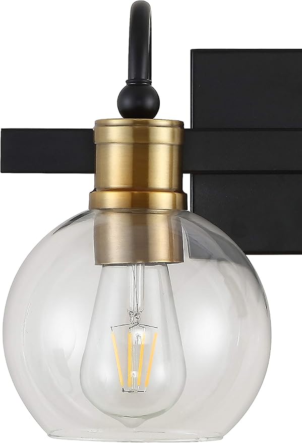 JONATHAN Y 14.5" Black/Brass Gold Vintage Wall Sconce, LED Vanity Light for Bathroom Bedroom Entryway, Clear Glass Globe Shade, Modern Industrial Arched Lamp, LED Bulb Included (JYL3527A)
