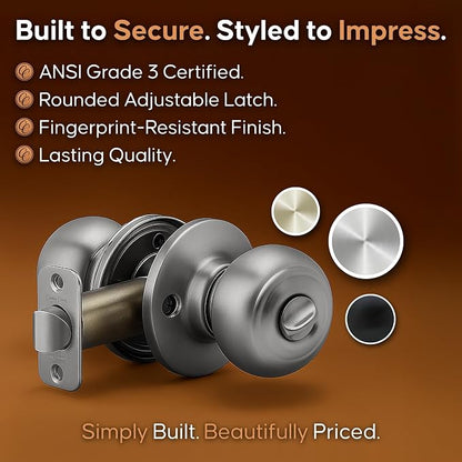 Copper Creek Privacy Interior Door Knob – ANSI Grade-3 Certified, Modern Heavy Duty Handle, Easy Install and Reversible for Bedroom, Bathroom & Closets – Satin Stainless (3 Pack)