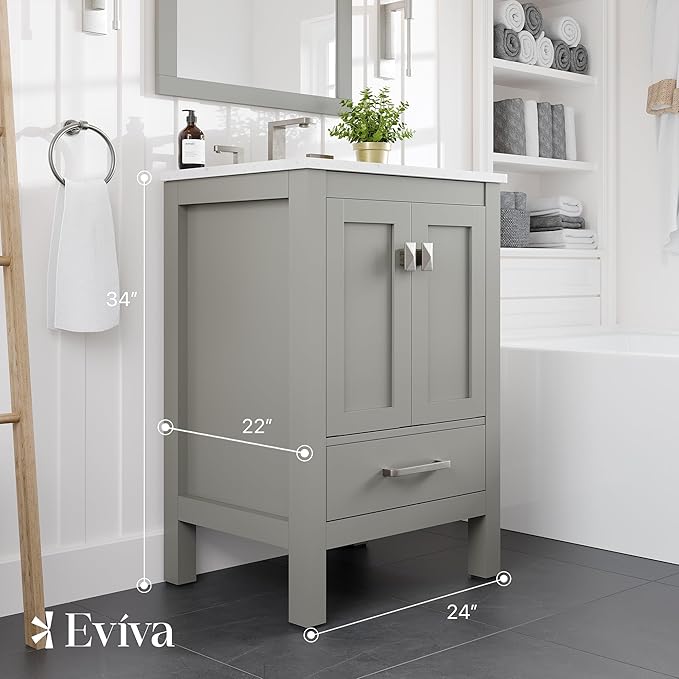 Eviva Aberdeen 24 in. Gray Single Sink Bath Vanity with Carrara Quartz Top and Undermount Porcelain Sink